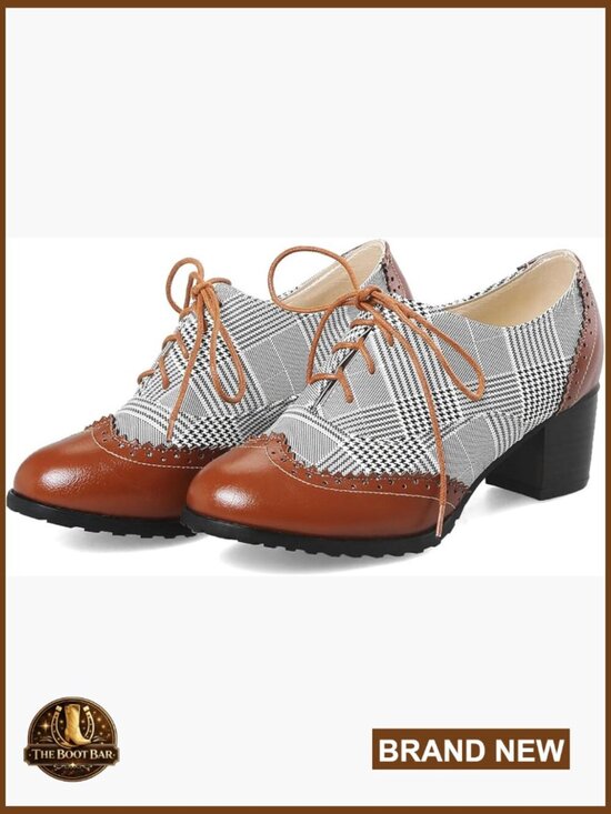 Shoes - Retro Wingtip Block Heel Lace Up Oxfords Chunky High Heels Pumps